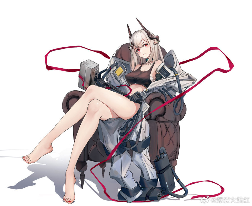 1girl arknights armchair baoliehuo_yanhong bare_arms bare_shoulders barefoot black_choker black_gloves breasts chair choker crop_top crossed_legs full_body gloves hammer head_tilt holding holding_hammer holding_weapon horns long_hair looking_at_viewer medium_breasts midriff mudrock_(arknights) mudrock_(elite_ii)_(arknights) nail_polish pointy_ears red_eyes red_nails sarashi shadow silver_hair simple_background sitting solo sports_bra stomach thighs toenail_polish toenails weapon white_background