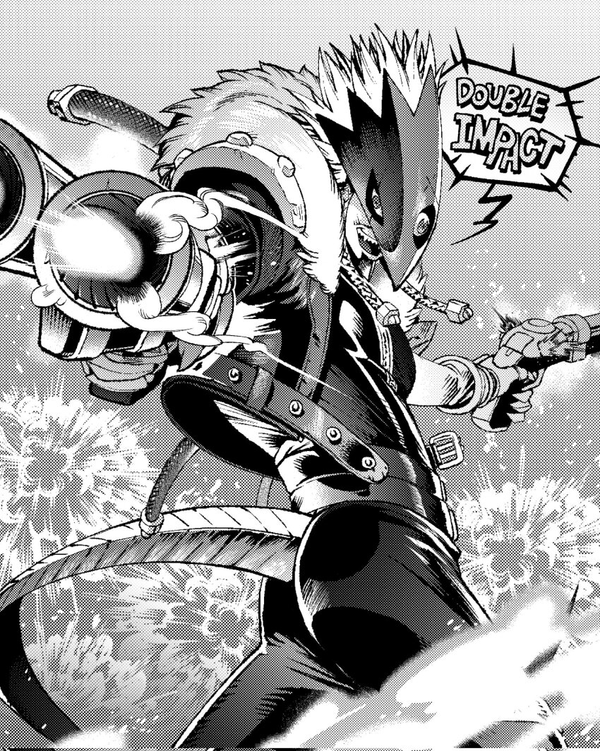 1boy ass beelzebumon cowboy_shot cropped_hair digimon digimon_(creature) double_barrels dual_wielding explosion eye_mask firing gun halftone highres holding holding_gun holding_weapon male_focus monochrome short_hair solo third_eye weapon white_anteater