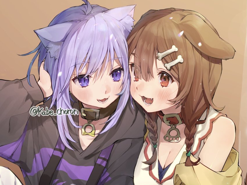 animal_ears bone_hair_ornament brown_background brown_eyes brown_hair cat_ears cat_girl collar dog_ears dog_girl eyes_visible_through_hair hair_ornament hand_up highres hololive hood hood_down hoodie idenshi_hina inugami_korone inugami_korone_(1st_costume) long_hair looking_at_another nekomata_okayu nekomata_okayu_(1st_costume) open_mouth purple_eyes purple_hair sidelocks twitter_username upper_body virtual_youtuber