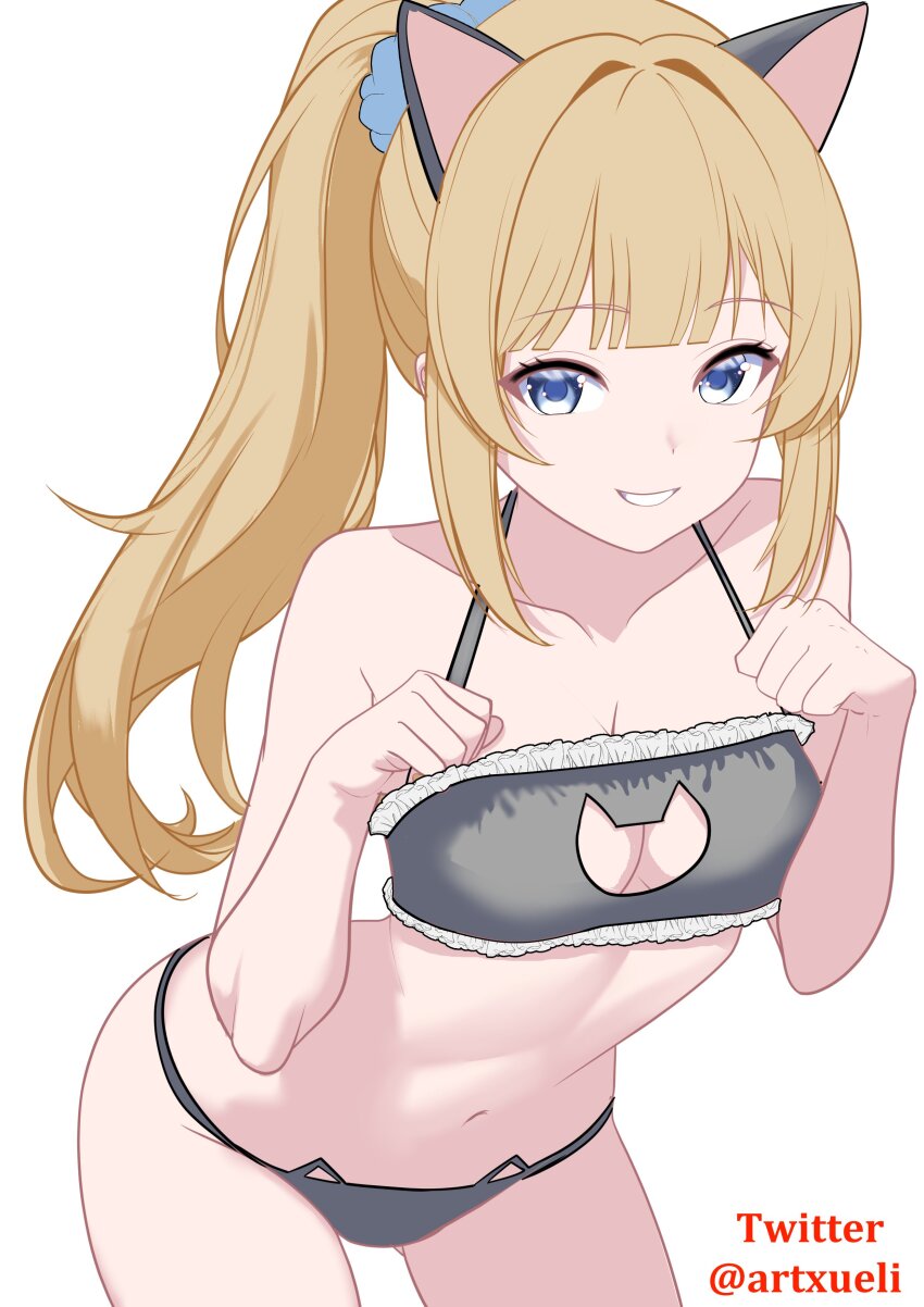 1girl absurdres animal_ears black_panties blonde_hair blue_eyes blue_scrunchie bra cat_ears cat_lingerie highres karuizawa_kei long_hair looking_at_viewer meme_attire panties ponytail scrunchie simple_background smile solo trimmed_bra twitter_username underwear white_background white_trimmed_bra xueli_shimazaki youkoso_jitsuryoku_shijou_shugi_no_kyoushitsu_e