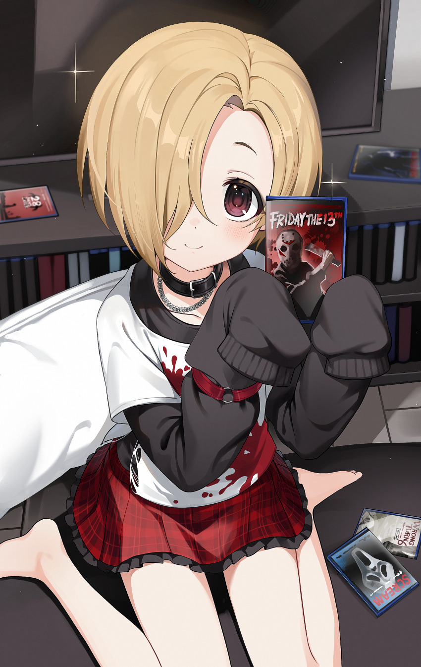 1girl absurdres arm_strap barefoot black_collar black_shirt blonde_hair blush closed_mouth collar commentary_request dvd_case friday_the_13th full_body hair_over_one_eye hands_up hectyne highres holding_case idolmaster idolmaster_cinderella_girls indoors layered_shirt long_sleeves looking_at_viewer miniskirt o-ring_arm_strap o-ring_strap on_floor one_eye_covered parted_bangs pillow plaid_clothes plaid_skirt pleated_skirt print_shirt red_eyes red_skirt scream_(movie) shirasaka_koume shirt short_hair sitting skirt sleeves_past_fingers sleeves_past_wrists smile solo sparkle splatter_print television torn_clothes torn_shirt wariza white_shirt