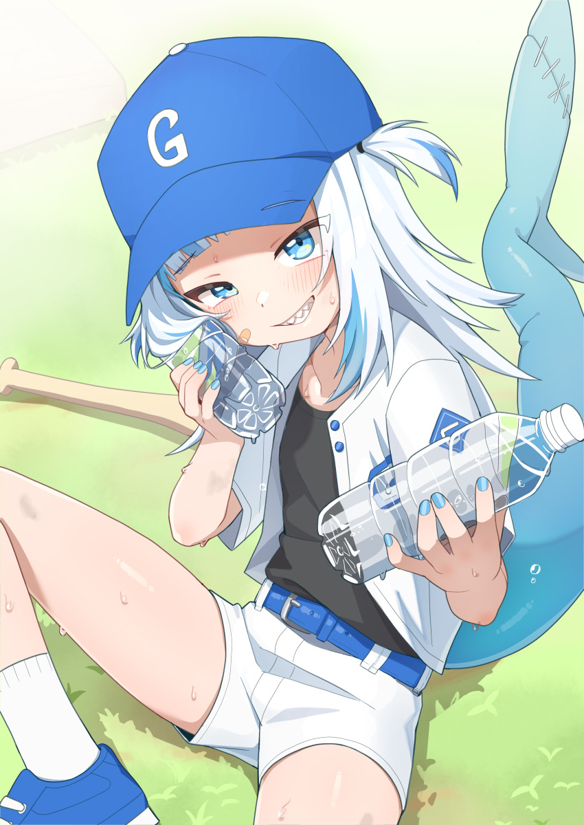 1girl absurdres bandaid bandaid_on_cheek bandaid_on_face baseball_bat baseball_cap belt black_shirt blue_belt blue_eyes blue_footwear blue_hair blue_hat blue_nails blunt_bangs blush bottle commentary fins fish_tail gawr_gura giving grass grin hat highres holding holding_bottle hololive hololive_english incoming_drink looking_at_viewer los_angeles_dodgers ludo0109 medium_hair multicolored_hair on_grass on_ground paid_reward_available plastic_bottle shark_tail sharp_teeth shirt shirt_tucked_in shoes short_shorts shorts sitting smile socks solo spread_legs streaked_hair sweat tail teeth tsurime two-tone_hair virtual_youtuber water_bottle white_hair white_shorts white_socks