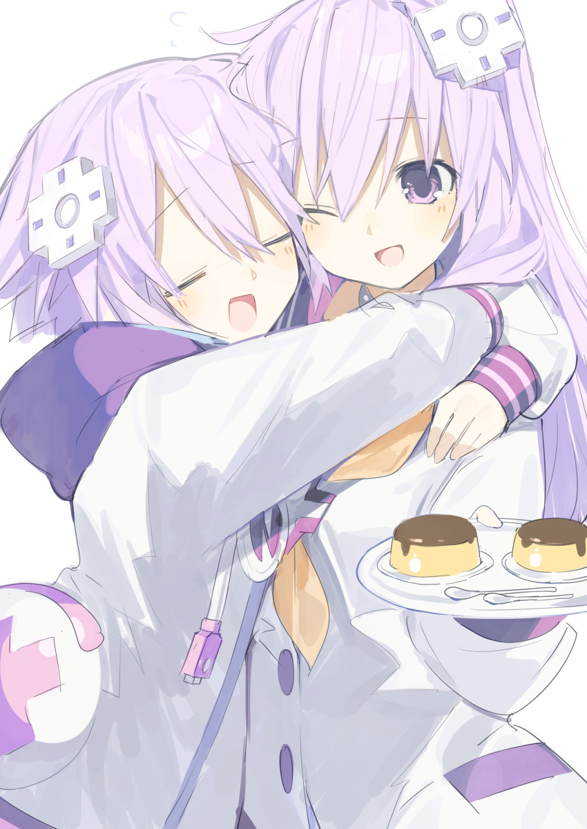 2girls absurdres buran_buta closed_eyes d-pad d-pad_hair_ornament food hair_ornament highres holding holding_food hood hoodie hug long_hair multiple_girls nepgear neptune_(neptunia) neptune_(series) one_eye_closed open_mouth pink_hair pudding ribbon school_uniform serafuku short_hair siblings sisters white_background white_hoodie yellow_ribbon