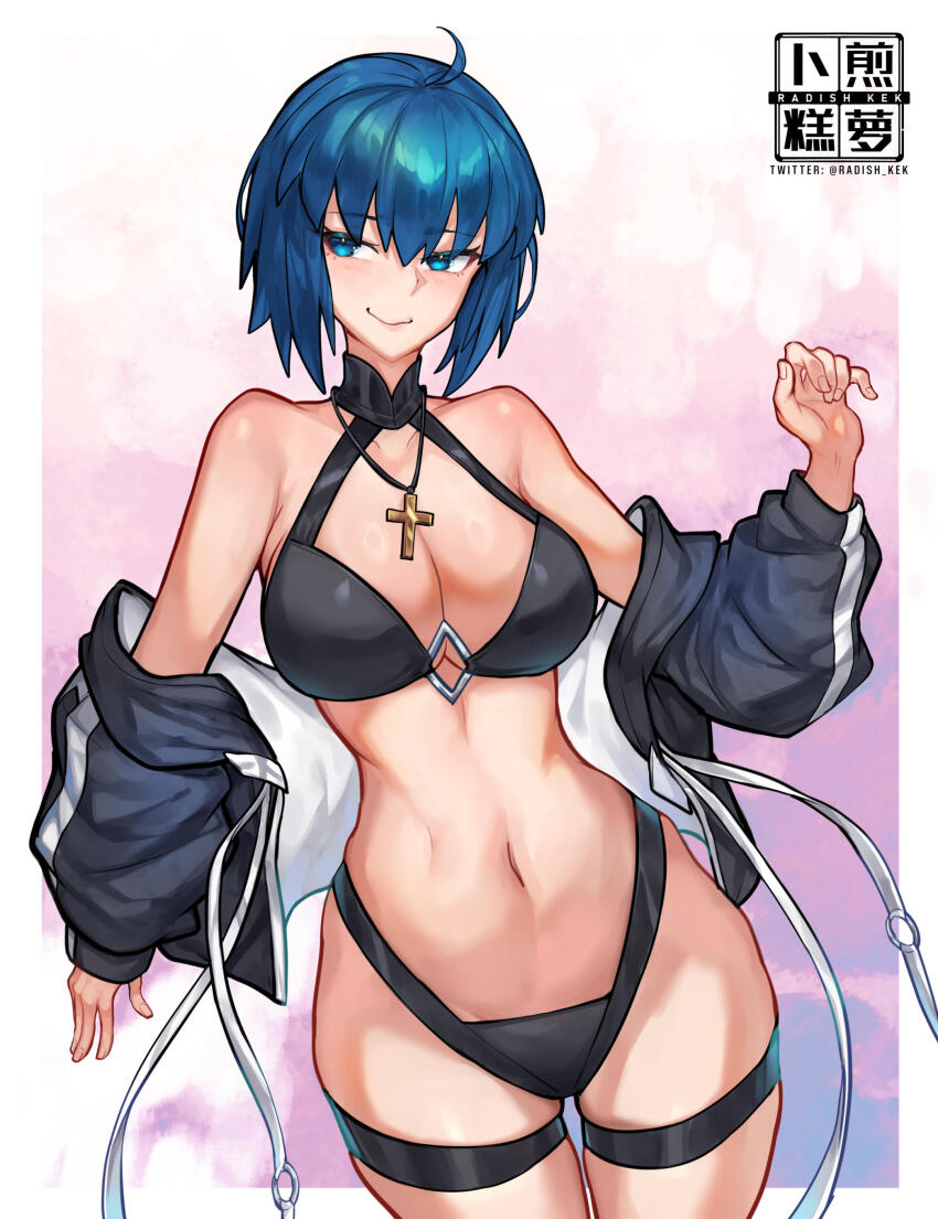 1girl absurdres bare_shoulders bikini bikini_under_clothes black_bikini black_jacket blue_eyes blue_hair blush breasts ciel_(swimsuit_mooncancer)_(fate) ciel_(tsukihime) cleavage cross cross_necklace fate/grand_order fate_(series) highres jacket jewelry large_breasts long_sleeves looking_to_the_side navel necklace off_shoulder open_clothes open_jacket radishkek short_hair smile solo swimsuit thigh_strap thighs tsukihime