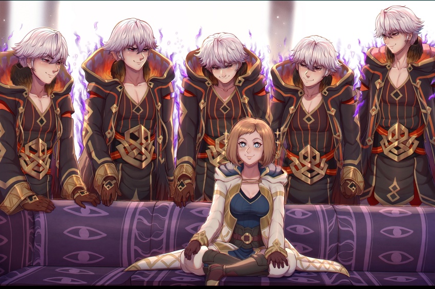 1girl 5boys aura belt black_robe black_shirt blue_eyes boots brown_footwear brown_gloves brown_hair couch crossed_legs evomanaphy fire_emblem fire_emblem_heroes freckles gloves gold_trim grima_(fire_emblem) highres kiran_(female)_(fire_emblem) kiran_(fire_emblem) looking_down medium_hair meme multiple_boys naughty_face nintendo on_couch piper_perri_surrounded_(meme) red_eyes robe robin_(male)_(fell_reincarnation)_(resplendent)_(fire_emblem) shirt sitting smile sparkle sparkling_eyes star-shaped_pupils star_(symbol) symbol-shaped_pupils white_hair white_robe