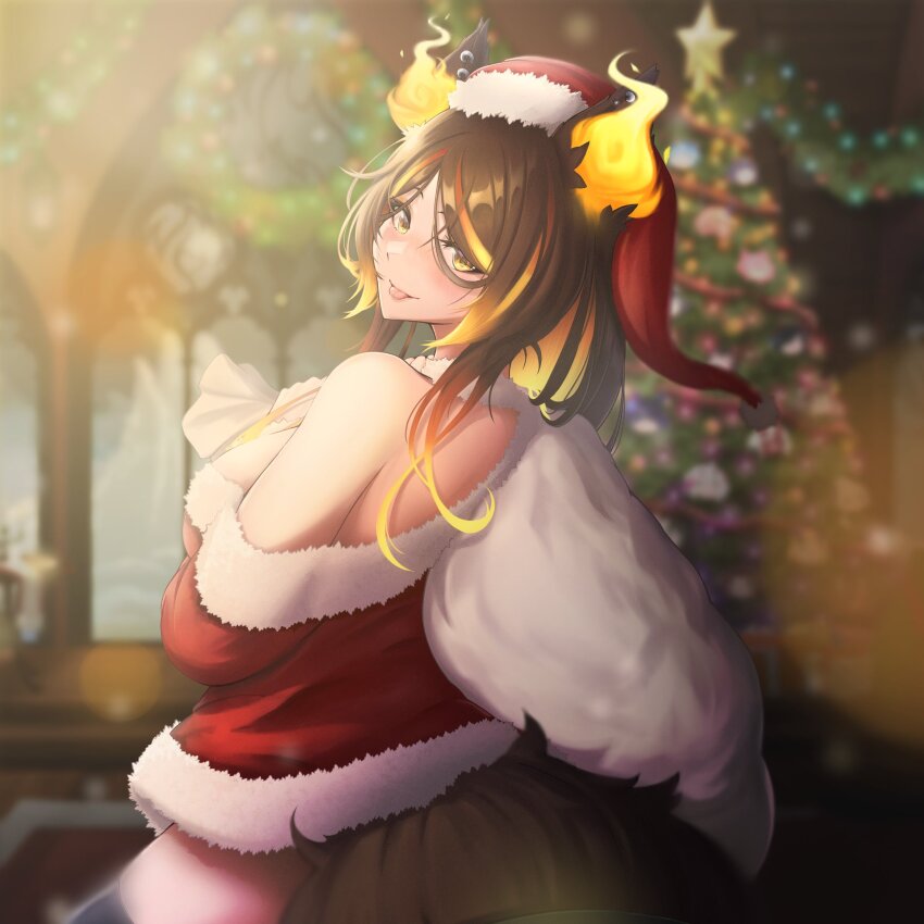 1girl :p absurdres animal_ears black_thighhighs blonde_hair blurry blurry_background breasts brown_hair christmas_tree clero_(viprimo) dress earrings fiery_ears fur-trimmed_dress fur-trimmed_headwear fur_trim gradient_hair hair_between_eyes hat highres holding holding_sack indie_virtual_youtuber jewelry looking_at_viewer multicolored_hair orange_hair red_dress red_hat sack santa_dress santa_hat sinder_(vtuber) solo streaked_hair tail thighhighs tongue tongue_out virtual_youtuber wolf_ears wolf_girl wolf_tail yellow_eyes