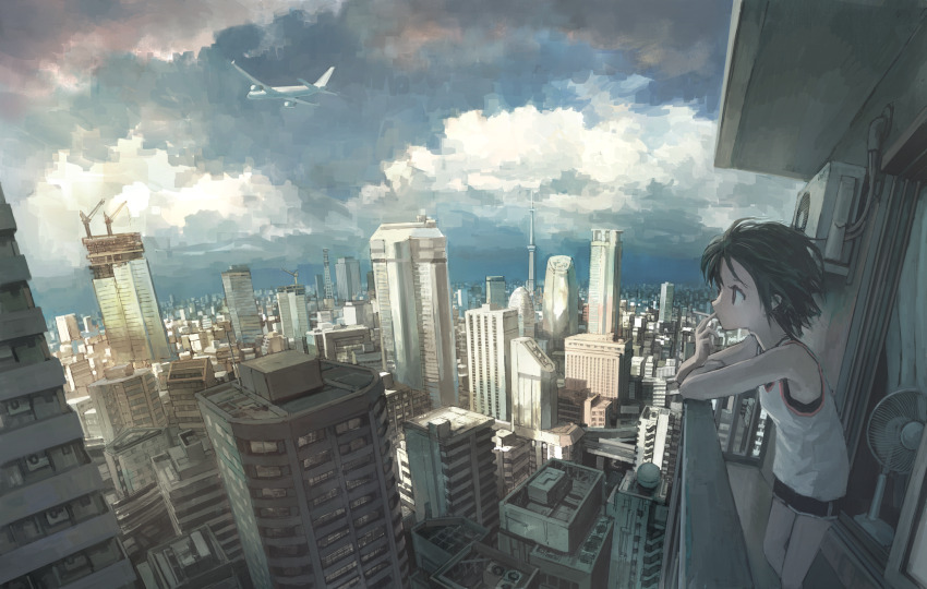 1girl air_conditioner aircraft airplane balcony black_hair black_shorts brown_eyes building cityscape cloud cloudy_sky commentary_request dolphin_shorts hand_fan hand_on_own_face highres jet_airliner leaning_forward original outdoors railing scenery short_hair shorts sky smoking solo standing tank_top tokunaga_akimasa white_tank_top