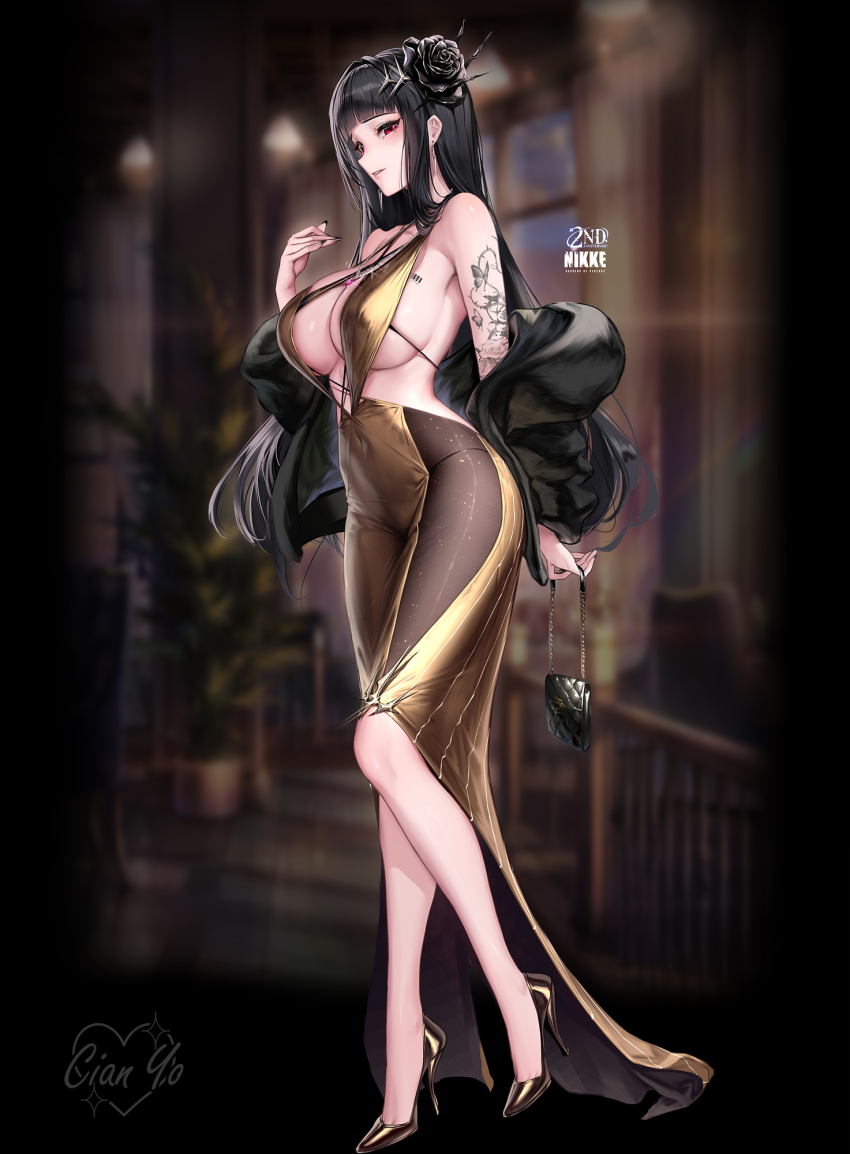 1girl arm_tattoo bare_shoulders black_hair black_jacket blunt_bangs blurry blurry_background blush breasts cian_yo commentary covered_navel d_(killer_wife)_(nikke) d_(nikke) dress earrings english_commentary full_body goddess_of_victory:_nikke gold_footwear hair_ornament hand_up high_heels highres holding jacket jewelry large_breasts mixed-language_commentary nail_polish off_shoulder parted_lips red_eyes smile solo standing tattoo thighs two-tone_dress yellow_dress