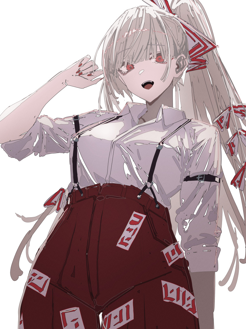 1girl absurdres blush bow fujiwara_no_mokou grey_hair hair_bow hat highres imperishable_night long_hair long_sleeves looking_at_viewer ofuda ofuda_on_clothes open_mouth pants ponytail red_eyes red_nails red_pants ribbon shirt simple_background smile solo suspenders touhou vxdrq white_background white_hair white_shirt