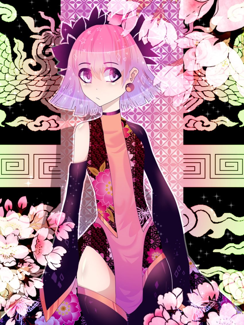 1girl cherry_blossoms child choker dollachan earrings flower head_wreath heart heart-shaped_pupils highres jewelry pink_eyes pink_hair short_hair sparkle symbol-shaped_pupils