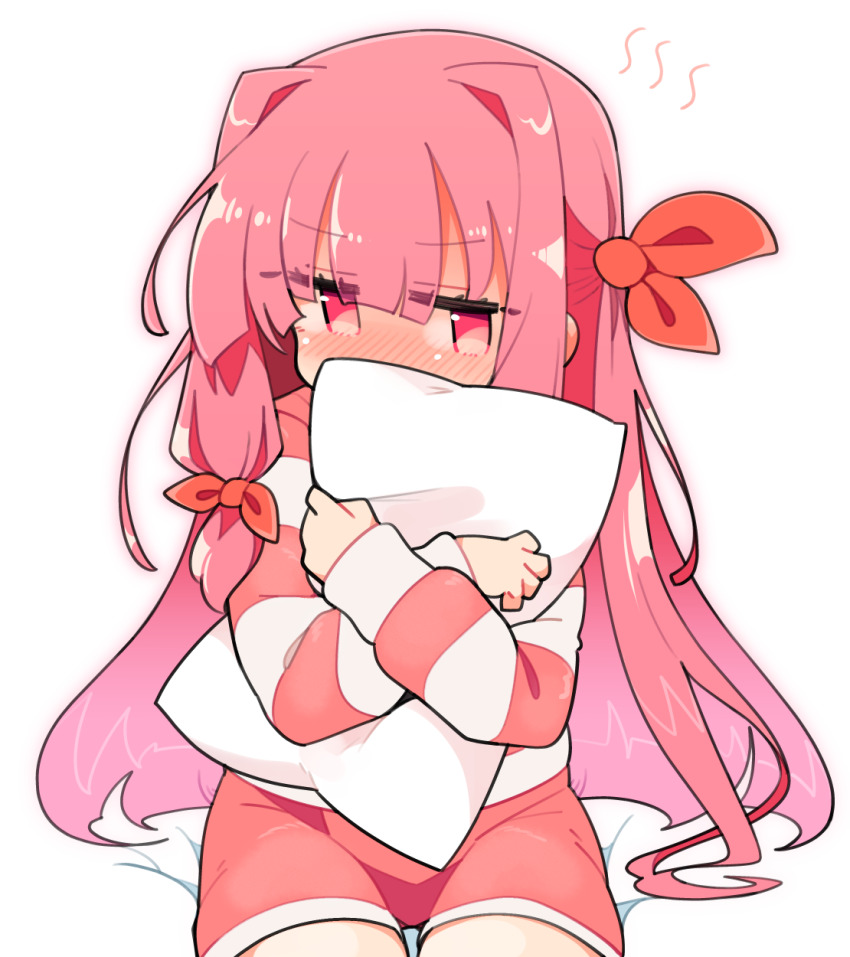 1girl blunt_bangs blush commentary_request cowboy_shot hair_ribbon highres hugging_object ini_(inunabe00) kotonoha_akane long_hair long_sleeves looking_at_viewer nose_blush pillow pillow_hug pink_eyes pink_hair red_ribbon red_shorts red_sweater ribbon shorts sidelocks simple_background sitting solo striped_clothes striped_sweater sweater voiceroid white_background white_sweater