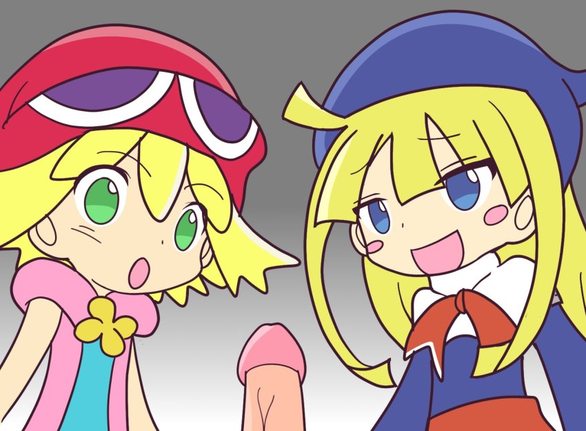 1boy 2girls :o ;d amitie_(puyopuyo) applefag blue_eyes blush_stickers green_eyes hat hood hoodie long_hair multiple_girls official_style one_eye_closed open_mouth penis penis_awe pov puyopuyo ribbon robe sega shirt short_hair sleeveless sleeveless_shirt smile sonic_(series) staring witch_(puyopuyo) witch_hat