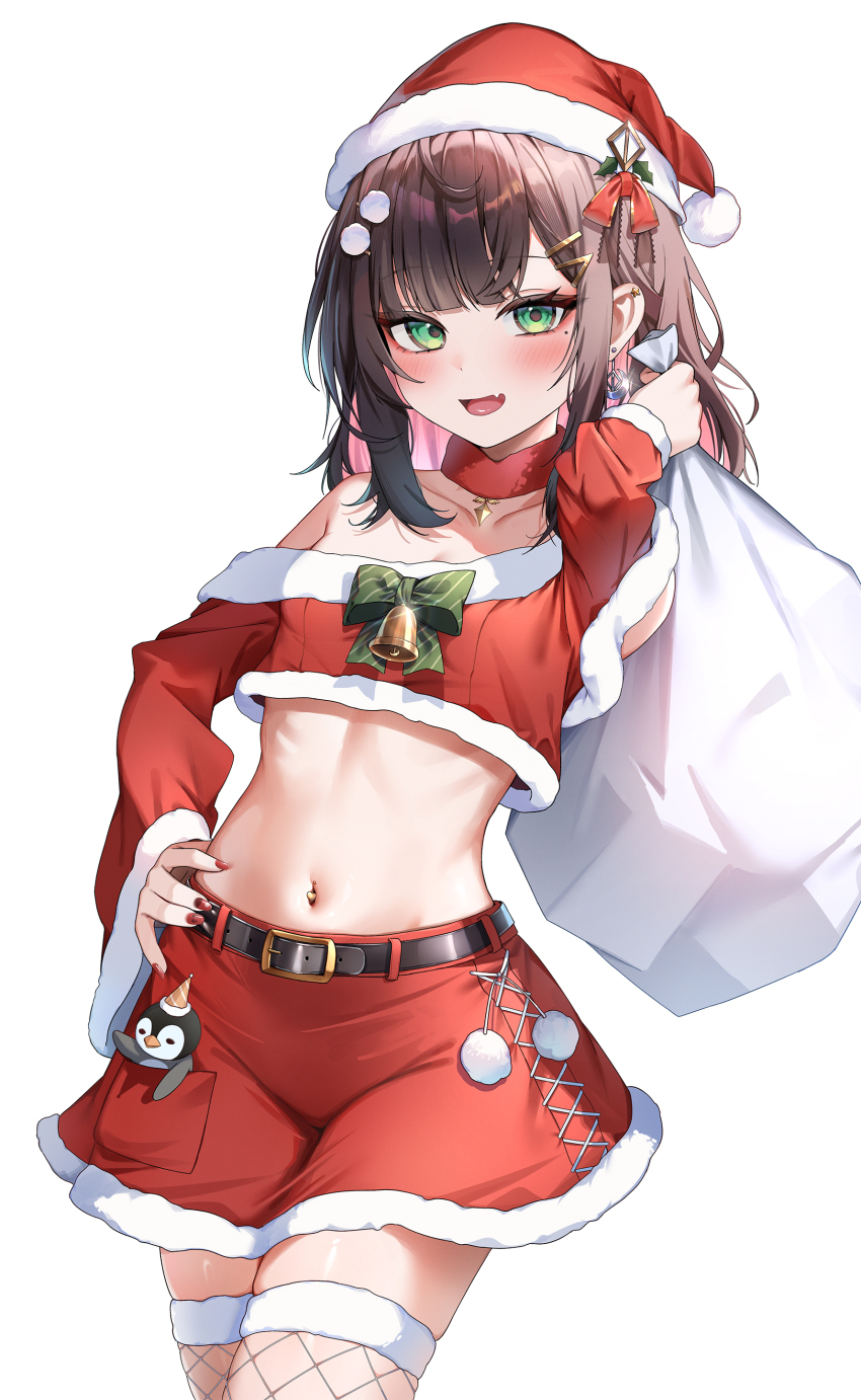 1girl absurdres arm_up bell belt black_hair bow bowtie breasts bu_leike choker christmas collarbone colored_inner_hair cowboy_shot crop_top crop_top_overhang earrings fang fishnet_thighhighs fishnets fur_trim green_eyes hand_on_own_hip hat highres hizuki_yui holding holding_sack jewelry long_hair long_sleeves looking_at_viewer midriff miniskirt mole mole_under_eye multicolored_hair nail_polish navel navel_piercing neo-porte off-shoulder_shirt off_shoulder open_mouth piercing pink_hair red_choker red_hat red_nails red_shirt red_skirt revealing_clothes sack santa_costume santa_hat shirt sidelocks skindentation skirt small_breasts smile solo stomach thighhighs thighs two-tone_hair virtual_youtuber white_thighhighs wide_sleeves zettai_ryouiki