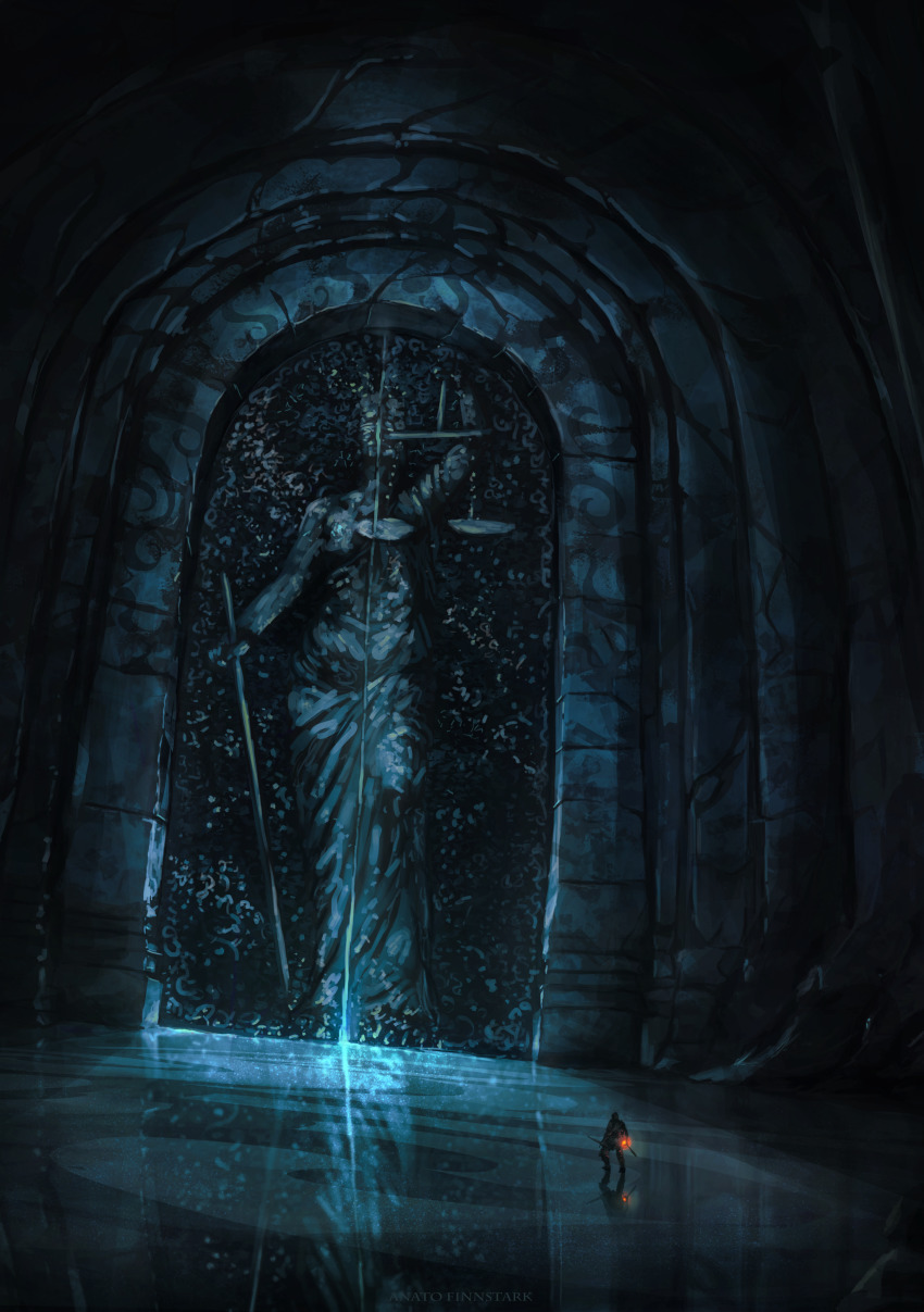 1other absurdres anato_finnstark artist_name dark_souls_(series) door doorway dutch_angle facing_away glowing highres holding holding_sword holding_weapon indoors knight lady_justice light_rays scenery solo standing sword very_wide_shot weapon