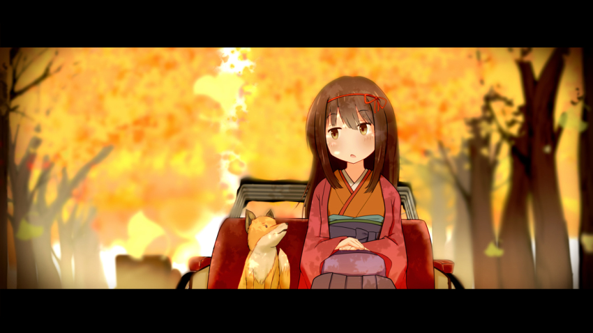 1girl autumn_leaves blush brown_hair female_focus fox hair_ribbon hakama hakama_skirt hands_on_lap haori japanese_clothes leaf letterboxed long_hair looking_to_the_side obi open_mouth original ribbon rickshaw sash sitting skirt solo tamanoti tree