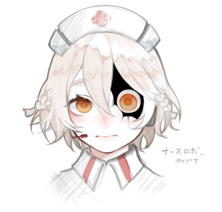 1girl 3: blonde_hair braid character_name closed_mouth cracked_skin double-parted_bangs hair_between_eyes hat headset highres nurse nurse_cap nurse_robot_type_t orange_eyes portrait rivya_96 side_braids simple_background solo straight-on utau white_background white_hat