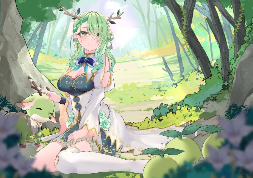 absurdres antlers breasts ceres_fauna ceres_fauna_(1st_costume) cleavage dress forest green_hair highres hololive hololive_english horns kanadeho large_breasts nature sapling_(ceres_fauna) solo_focus thighhighs virtual_youtuber white_dress white_thighhighs yellow_eyes