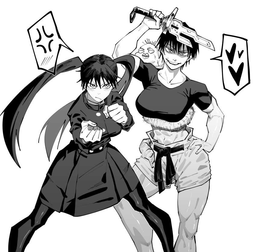 2girls abs absurdres anger_vein arm_up bad_tag breasts buttons clenched_hands closed_mouth commentary dingotoad english_commentary fighting_stance frown fushiguro_megumi fushiguro_touji genderswap genderswap_(mtf) hair_between_eyes hand_on_own_hip heart highres jacket jujutsu_kaisen large_breasts long_hair looking_at_viewer medium_skirt midriff monochrome mother_and_daughter multiple_girls muscular muscular_female pantyhose scar scar_on_face scar_on_mouth school_uniform short_hair shorts skirt smile smirk spoken_anger_vein spoken_blush spoken_heart standing sword thick_thighs thighs twintails very_short_hair weapon white_background worm