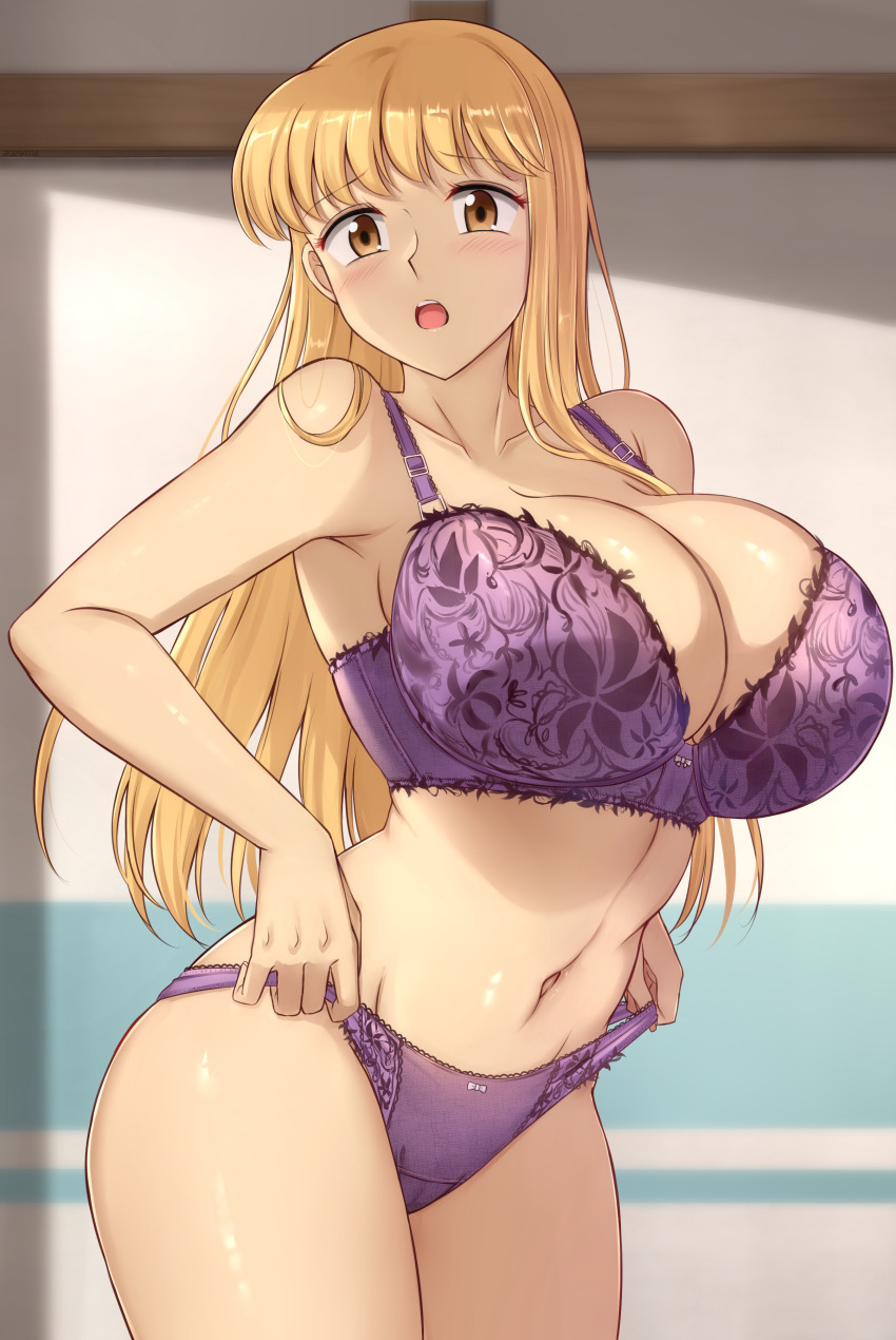 1girl absurdres akimoto_katherine_reiko bare_arms blonde_hair blush bra breasts brown_eyes cleavage collarbone commentary_request highres huge_breasts indoors kochikame long_hair looking_at_viewer navel open_mouth panties purple_bra purple_panties sideboob skywalker0610 solo standing teeth underwear underwear_only upper_teeth_only