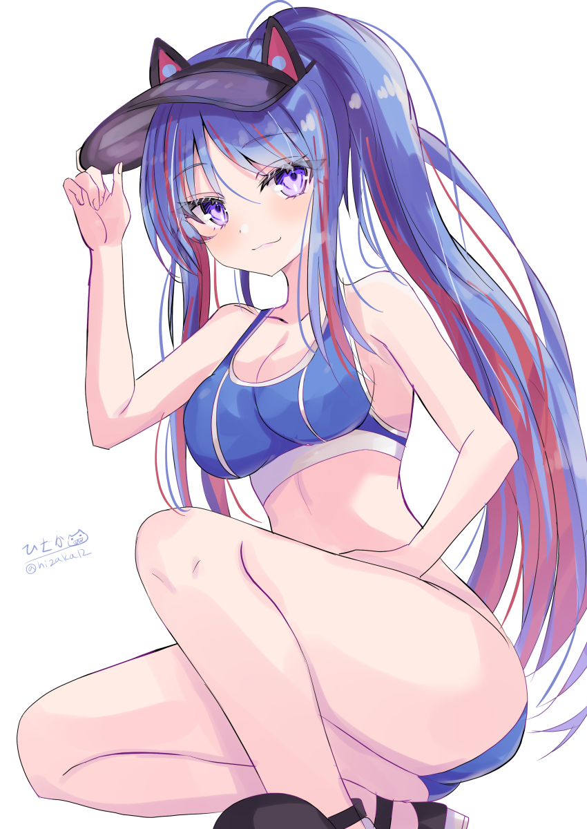 1girl absurdres animal_hat bikini blue_bikini blue_hair breasts cat_hat hat hat_with_ears highres hizaka kantai_collection large_breasts long_hair multicolored_hair official_alternate_costume one-hour_drawing_challenge ponytail red_hair simple_background solo south_dakota_(kancolle) south_dakota_kai_(swimsuit_mode)_(kancolle) sports_bikini squatting swimsuit visor_cap white_background white_hair