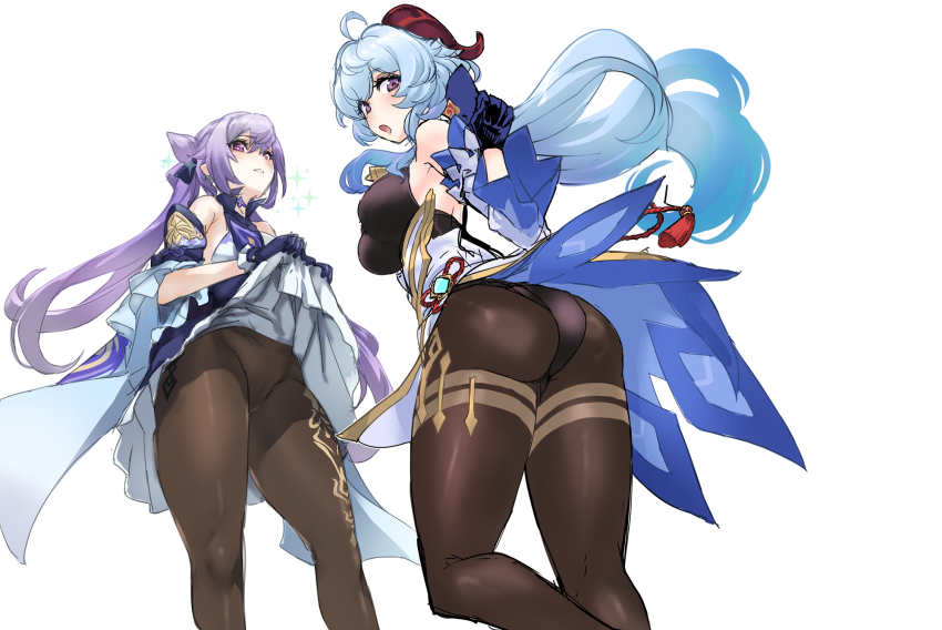 2girls ahoge ass back bare_shoulders bell black_gloves black_pantyhose blue_hair blush bodystocking breasts brown_legwear clothes_lift cone_hair_bun cowbell detached_sleeves double_bun dress dress_lift ganyu_(genshin_impact) genshin_impact gloves hair_bun hair_ornament highres horns jewelry keqing_(genshin_impact) large_breasts long_hair looking_at_viewer looking_back medium_breasts multiple_girls open_mouth pantyhose parted_lips pendant purple_dress purple_eyes purple_gloves purple_hair sparkle swept_bangs thighs tooya_daisuke twintails vision_(genshin_impact) white_dress