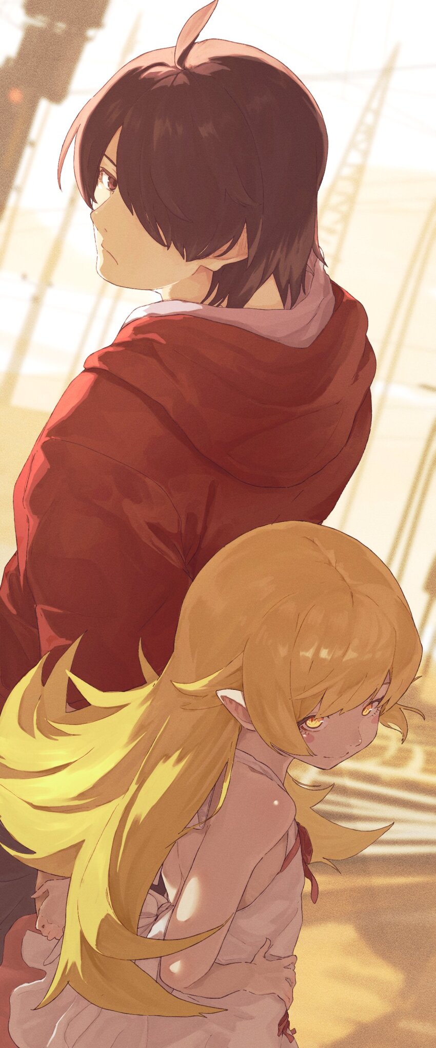 1boy 1girl absurdres ahoge araragi_koyomi bare_shoulders blonde_hair blurry blurry_background blush blush_stickers brown_eyes brown_hair dress hair_over_one_eye highres hood hoodie kaede_(harutan109) long_hair looking_at_viewer looking_back monogatari_(series) oshino_shinobu pointy_ears red_hoodie short_hair smile white_dress yellow_eyes