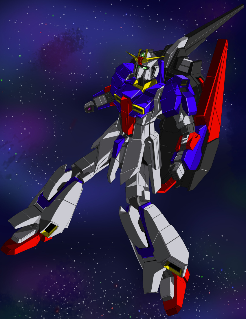 3d absurdres aeug clenched_hands commentary_request green_eyes gundam highres machinery mecha mecha_focus mobile_suit nagi_(user_dwyh2252) nebula no_humans robot science_fiction shield space star_(sky) v-fin zero_gravity zeta_gundam zeta_gundam_(mobile_suit)