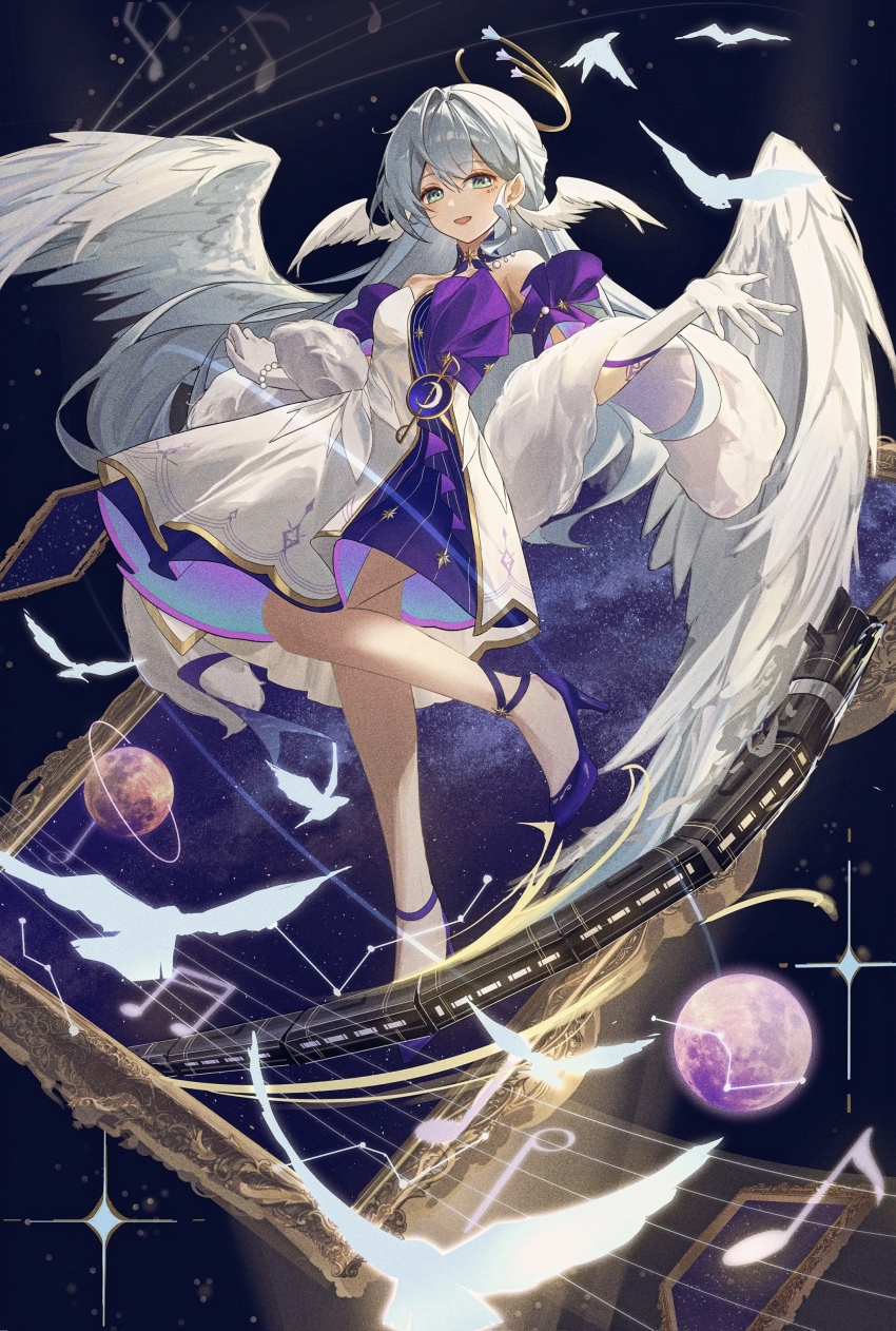 1girl absurdres aqua_eyes astral_express_(honkai:_star_rail) bare_shoulders bird blue_hair choker collar detached_sleeves dove dress earrings gloves hair_between_eyes halo head_wings highres honkai:_star_rail honkai_(series) jewel_under_eye jewelry kuma_(kumasan_82) long_hair looking_at_viewer open_mouth purple_choker purple_collar purple_hair robin_(honkai:_star_rail) short_sleeves smile solo strapless strapless_dress two-tone_dress very_long_hair white_dress white_gloves white_hair white_wings wings