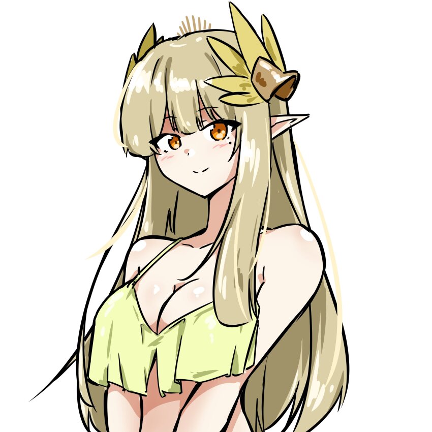 1girl alternate_costume arknights bikini blonde_hair breasts cleavage closed_mouth elf green_bikini hair_ornament highres long_hair looking_at_viewer medium_breasts mole mole_under_eye muelsyse_(arknights) orange_eyes pointy_ears simple_background smile solo split_mouth swimsuit upper_body v_arms white_background xibu_cai