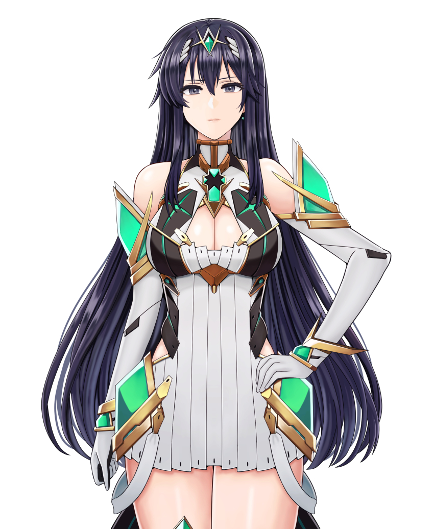 1girl absurdres ayra_(fire_emblem) bare_legs bare_shoulders black_hair breasts chest_jewel cleavage cleavage_cutout clothing_cutout cowboy_shot dress earrings elbow_gloves expressionless fire_emblem fire_emblem:_genealogy_of_the_holy_war gloves grey_eyes hand_on_own_hip highres jewelry large_breasts long_hair looking_at_viewer mythra_(xenoblade) nintendo saikunartworks short_dress simple_background solo tiara very_long_hair white_background white_dress white_gloves xenoblade_chronicles_(series) xenoblade_chronicles_2