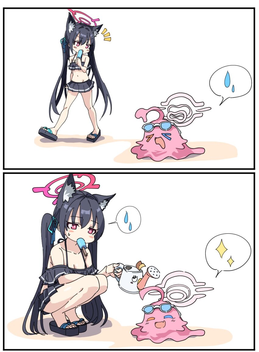 &gt;_&lt; 2girls 2koma :o ^_^ animal_ear_fluff animal_ears bikini black_bikini black_hair blue_archive bocchi_the_rock! bow cat_ears cat_girl closed_eyes comic commentary_request detached_sleeves eating eyewear_on_head food food_in_mouth frilled_bikini frills full_body gotoh_hitori gotoh_hitori_(octopus) hair_between_eyes hair_bow hair_ribbon halo highres holding holding_food holding_popsicle holding_watering_can hoshino_(blue_archive) hoshino_(swimsuit)_(blue_archive) long_hair looking_at_another momomatang multiple_girls navel official_alternate_costume parody peroro_(blue_archive) popsicle popsicle_in_mouth red_eyes ribbon sandals serika_(blue_archive) serika_(swimsuit)_(blue_archive) short_sleeves sidelocks silent_comic simple_background spoken_sparkle spoken_sweatdrop squatting stomach sunglasses sweatdrop swimsuit twintails walking watering watering_can xo