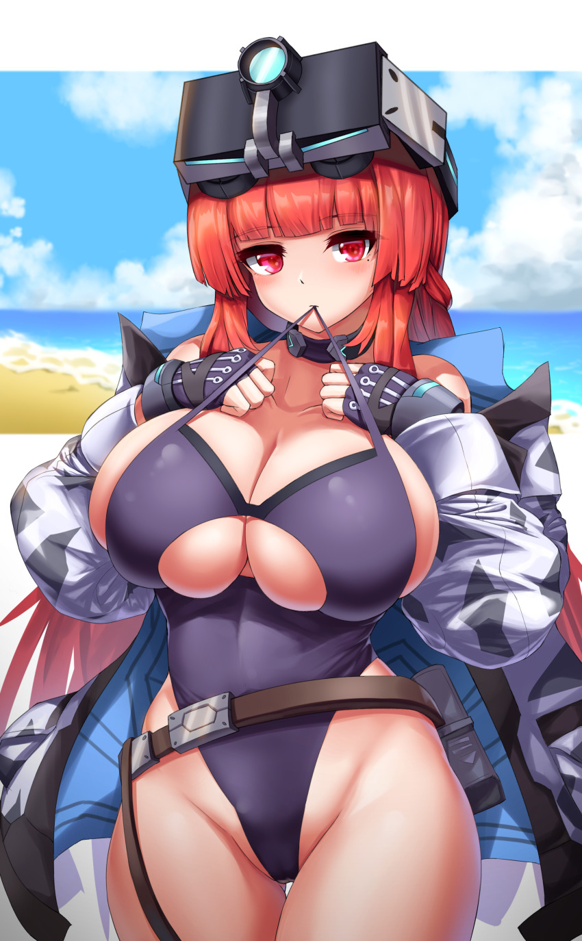 1girl absurdres beach belt blunt_bangs blush breasts cho!cho! cleavage_cutout clothing_cutout cloud collar day fingerless_gloves gloves goggles goggles_on_head highleg highleg_leotard highres huge_breasts last_origin leotard leprechaun_(last_origin) looking_at_viewer mole mole_under_eye mouth_hold outdoors purple_gloves purple_leotard red_eyes red_hair sand sidelocks sky solo wide_hips