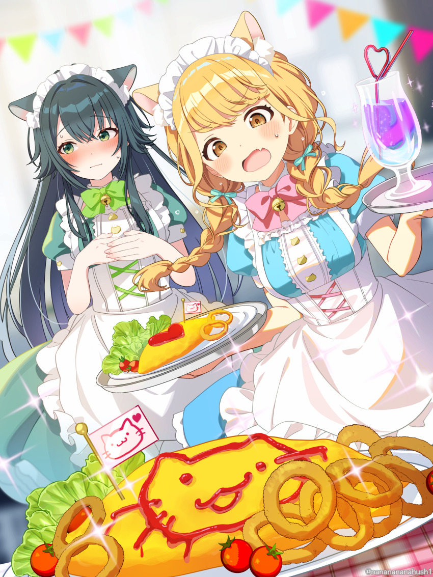 2girls animal_ear_fluff animal_ears apron averting_eyes bell blonde_hair blue_dress blush braid cat_ears closed_mouth commentary_request crazy_straw cup dress drinking_glass drinking_straw fang food fujita_kotone gakuen_idolmaster green_dress green_eyes green_hair hair_between_eyes heart_straw highres holding holding_tray idolmaster jingle_bell kemonomimi_mode lettuce long_hair looking_at_viewer maid maid_apron maid_headdress multiple_girls neck_bell open_mouth own_hands_together puffy_short_sleeves puffy_sleeves sakuma_shiki short_sleeves skin_fang sweatdrop tray tsukimura_temari twin_braids twitter_username yellow_eyes