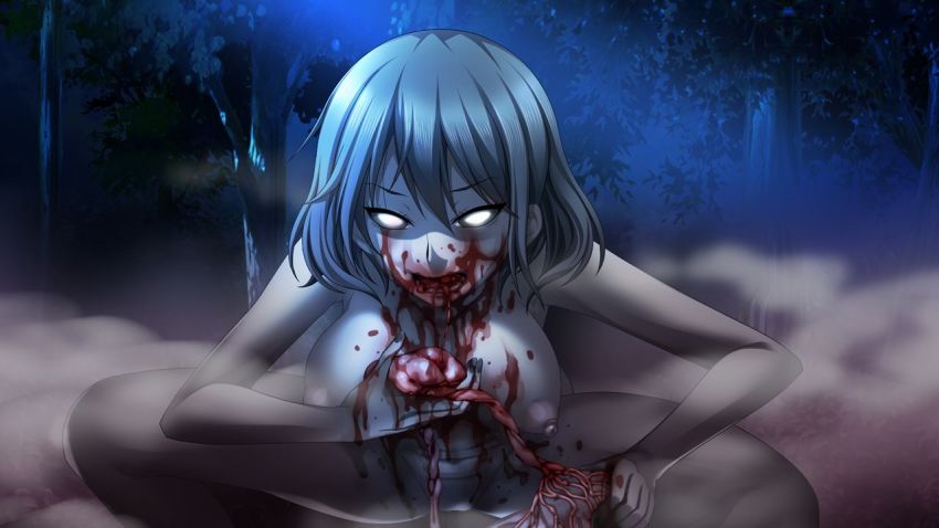 blood breasts cannibalism colored_skin eating grand_guignol_no_yoru grey_skin large_breasts monster monster_girl nipples nude outdoors squatting tinkerbell white_eyes