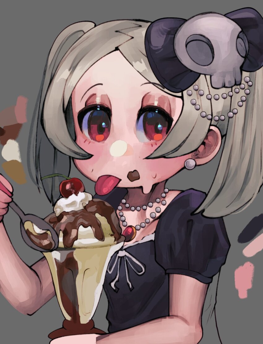 1girl alternate_costume bloody_marie_(skullgirls) blush cherry chocolate_syrup dress earrings food food_on_face fruit grey_background hair_ornament ice_cream jewelry looking_at_viewer maisujim necklace puffy_short_sleeves puffy_sleeves red_eyes short_dress short_sleeves skull_hair_ornament skullgirls solo spoon sundae tongue tongue_out twintails unfinished upper_body