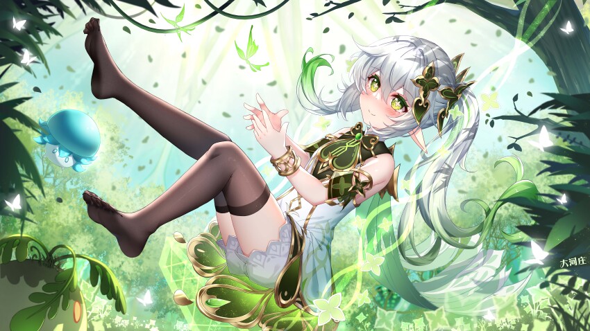 1girl absurdres bare_shoulders black_thighhighs bloomers blush bracelet cape closed_mouth commentary_request dahe_zhuang_(yishi_fanhua) day detached_sleeves dress floating_hair from_side full_body fungi_(genshin_impact) genshin_impact gold_trim gradient_hair green_cape green_eyes green_hair green_sleeves highres jewelry long_hair multicolored_hair nahida_(genshin_impact) outdoors paid_reward_available pointy_ears side_ponytail sitting sleeveless sleeveless_dress slime_(genshin_impact) smile solo swing symbol-shaped_pupils thighhighs tree underwear variant_set white_bloomers white_dress white_hair