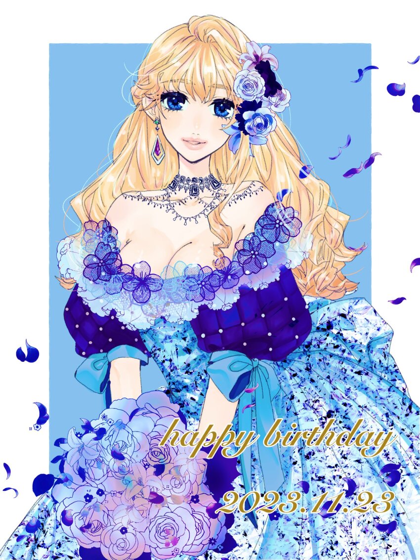 1girl blonde_hair blue_background blue_dress blue_eyes blue_flower border bouquet breasts dated dress earrings flower game_no_yumeko happy_birthday highres holding holding_bouquet jewelry long_hair looking_at_viewer macross macross_frontier medium_breasts outside_border parted_lips petals pink_lips sheryl_nome simple_background single_earring smile solo very_long_hair white_border