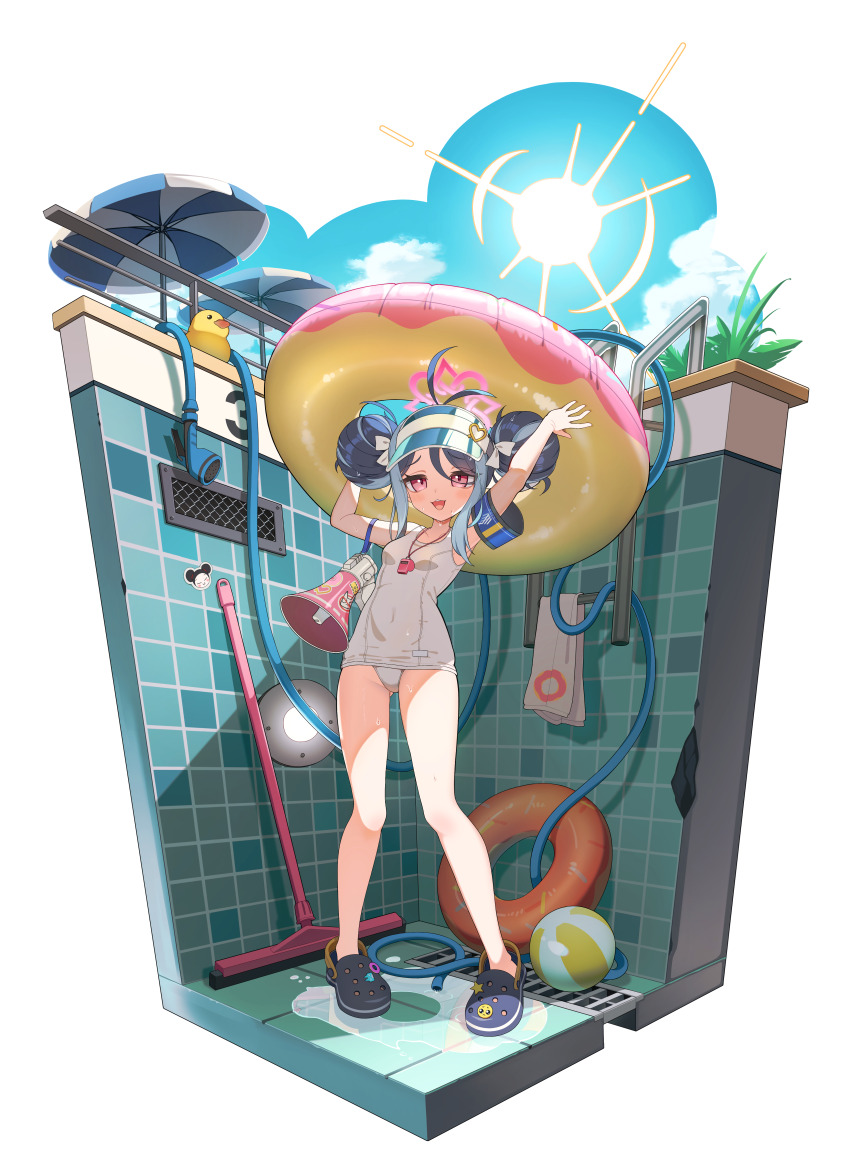 1girl absurdres black_sandals blue_archive blue_hair blue_sky breasts cloud commentary crocs day diorama double_bun fubuki_(blue_archive) fubuki_(swimsuit)_(blue_archive) full_body hair_bun highres holding holding_swim_ring innertube legs looking_at_viewer mearyo official_alternate_costume one-piece_swimsuit outdoors pink_eyes revision sandals sky small_breasts solo standing sun swim_ring swimsuit thighs whistle whistle_around_neck white_one-piece_swimsuit