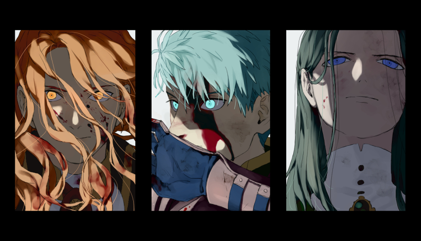 3boys 91007 blood blood_in_hair blood_on_face blue_eyes blue_hair caspar_von_bergliez ferdinand_von_aegir fire_emblem fire_emblem:_three_houses frown green_hair light_blue_hair linhardt_von_hevring long_hair multiple_boys nintendo orange_eyes orange_hair short_hair