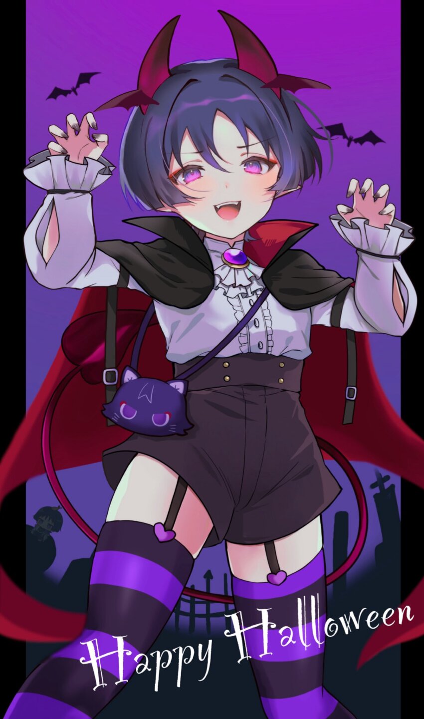 1boy arm_cutout ascot bat_(animal) black_cloak black_hair black_shorts black_thighhighs blunt_ends blush brooch character_doll cloak curled_fingers demon_horns demon_wings diagonal-striped_thighhighs ebinu2215 fangs fence frilled_sleeves frills garter_straps gem genshin_impact graveyard hair_intakes halloween halloween_costume happy_halloween head_wings heart high-waist_shorts highres horns jewelry long_sleeves looking_at_viewer male_focus mandarin_collar open_mouth paw_pose pillarboxed purple_background purple_brooch purple_eyes purple_gemstone purple_nails purple_thighhighs red_cloak red_horns red_wings scaramouche_(genshin_impact) shirt shorts solo striped_clothes striped_thighhighs teeth thighhighs tombstone trap two-sided_cloak two-sided_fabric upper_body upper_teeth_only vampire_costume white_ascot white_shirt white_sleeves wings