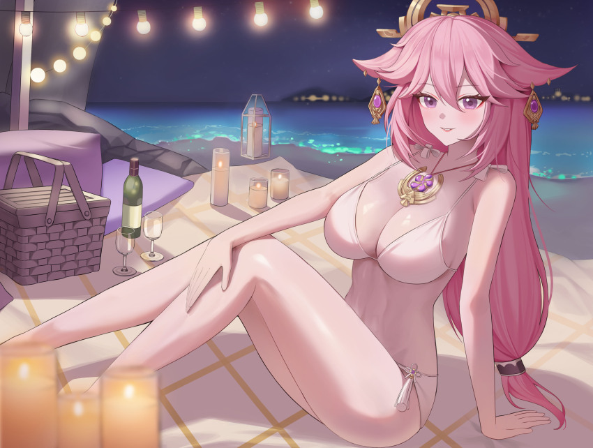 1girl absurdres aillatoste animal_ears arm_support bare_shoulders bikini blanket blurry blurry_foreground blush bottle breasts candle city_lights earrings fire floppy_ears fox_ears fox_girl gem genshin_impact glass hair_between_eyes hand_on_own_leg highres jewelry large_breasts light_bulb long_hair looking_at_viewer low-tied_long_hair navel necklace night night_sky ocean outdoors picnic picnic_basket pink_eyes pink_hair pink_lips purple_gemstone rock sitting sky smile solo star_(sky) starry_sky stomach swimsuit tassel thighs vision_(genshin_impact) white_bikini wine_bottle yae_miko