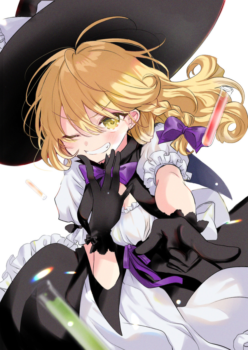 1girl apron black_gloves black_hat black_skirt blonde_hair blush bow braid commentary english_commentary gloves grin hair_bow hat highres kirisame_marisa long_hair looking_at_viewer one_eye_closed pointing pointing_at_viewer poprication puffy_short_sleeves puffy_sleeves purple_bow shirt short_sleeves side_braid simple_background skirt smile smug solo teeth test_tube touhou upper_body waist_apron white_apron white_background white_shirt witch_hat yellow_eyes