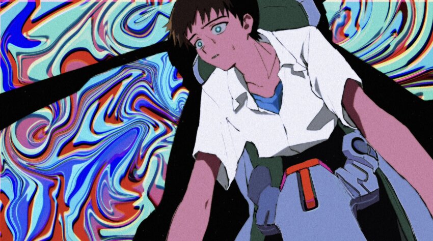 1boy a12740807 black_pants blue_eyes blue_shirt brown_hair collarbone collared_shirt empty_eyes highres ikari_shinji male_focus multicolored_background neon_genesis_evangelion pants parted_lips shirt shirt_tucked_in short_hair short_sleeves solo surreal sweat sweatdrop t-shirt upper_body white_shirt wide-eyed wing_collar