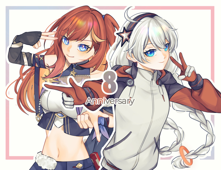 2girls absurdres bare_shoulders blue_eyes border braid breasts closed_mouth commentary cowboy_shot finger_gun gloves hair_between_eyes highres honkai_(series) honkai_impact_3rd hood hoodie kiana_kaslana kiana_kaslana_(white_comet) large_breasts long_hair looking_at_viewer medium_breasts misapit multiple_girls navel orange_gloves orange_hair senadina_(deepspace_anchor:_first_light)_(honkai_impact) senadina_(honkai_impact) side_ahoge sidelocks smile stomach two-tone_gloves v very_long_hair white_gloves white_hair white_hoodie