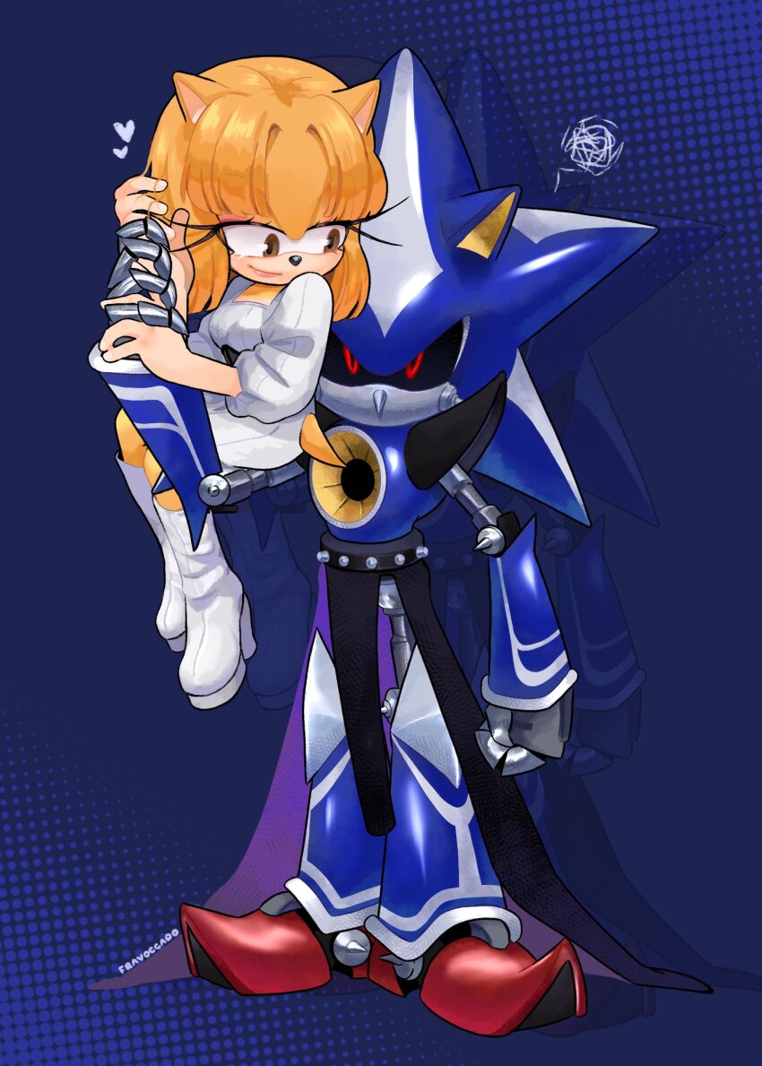 1boy 1girl animal_ears artist_name blonde_hair blue_background boots brown_eyes dress fravoccado furry furry_female heart highres looking_at_another metal_sonic neo_metal_sonic original red_eyes robot sonic_(series) white_dress white_footwear yellow_fur