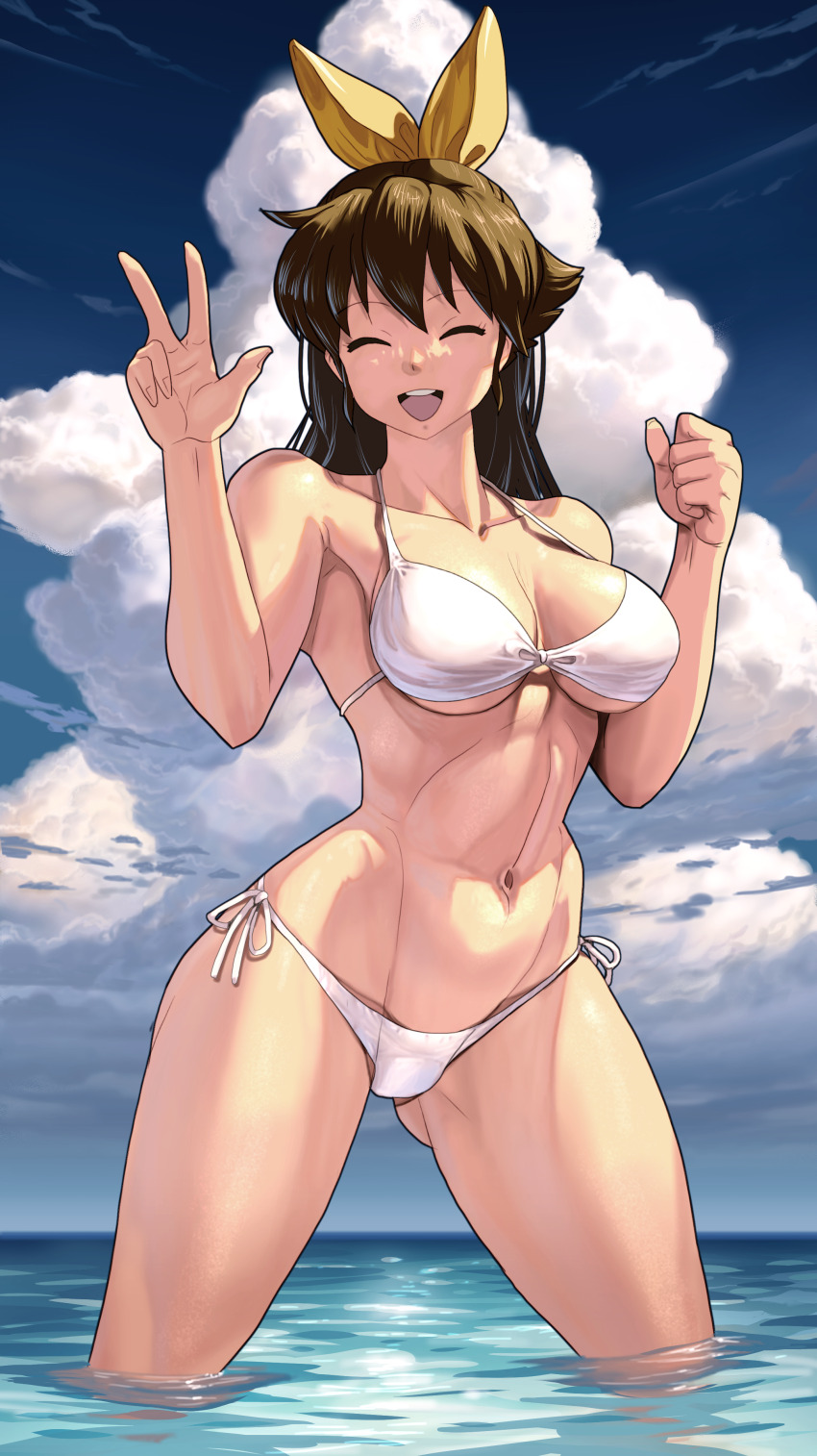 1girl absurdres bikini bow brown_hair clenched_hand closed_eyes cloud hair_bow highres in_water long_hair m.u.g.e.n navel oggy_(oggyoggy) open_mouth original ryuko_(oggyoggy) side-tie_bikini_bottom sky solo swimsuit w w_arms water white_bikini yellow_bow