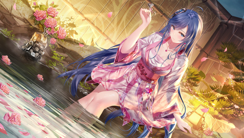 1girl absurdres blue_eyes blue_hair blush breasts cleavage closed_mouth collarbone dutch_angle flower heart heart_necklace highres japanese_clothes jewelry junpaku_karen kimono large_breasts long_hair long_sleeves necklace onsen original outdoors petals pink_flower pink_rose rose short_kimono sitting solo swept_bangs very_long_hair white_kimono wide_sleeves