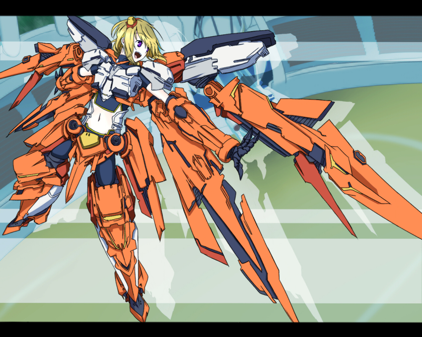 10s 1girl blonde_hair bodysuit charlotte_dunois female_focus infinite_stratos letterboxed mecha mecha_musume pilot_suit purple_eyes rafale_revive_custom_ii reibun_(raven1119) robot solo