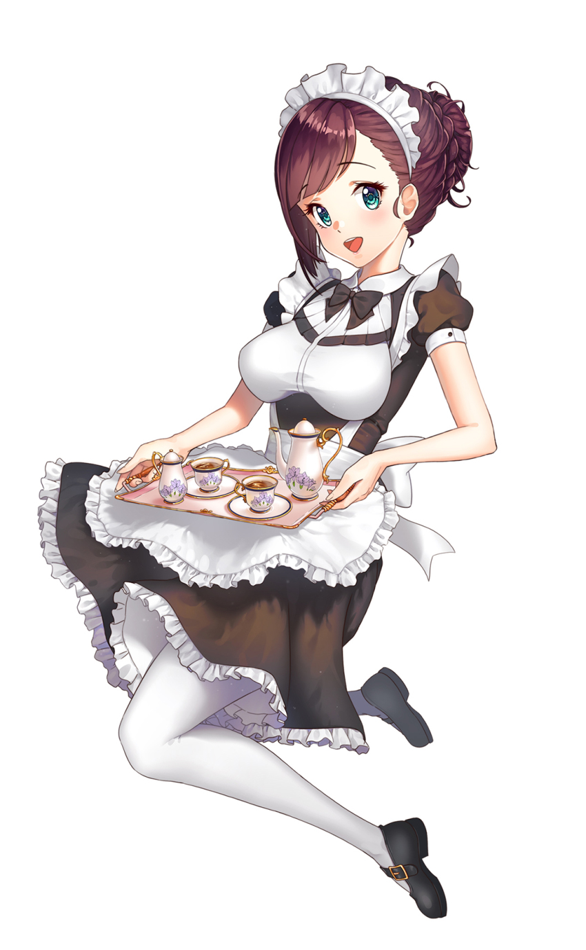 1girl apron asymmetrical_bangs blush bow bowtie breasts cup dress female_focus framed_breasts frilled_apron frilled_dress frills full_body hair_bun head_tilt highres holding holding_tray maid maid_headdress medium_breasts open_mouth original p.p_(operson_nangko) puffy_short_sleeves puffy_sleeves short_hair short_sleeves simple_background single_hair_bun solo tea teacup thighhighs tray white_thighhighs