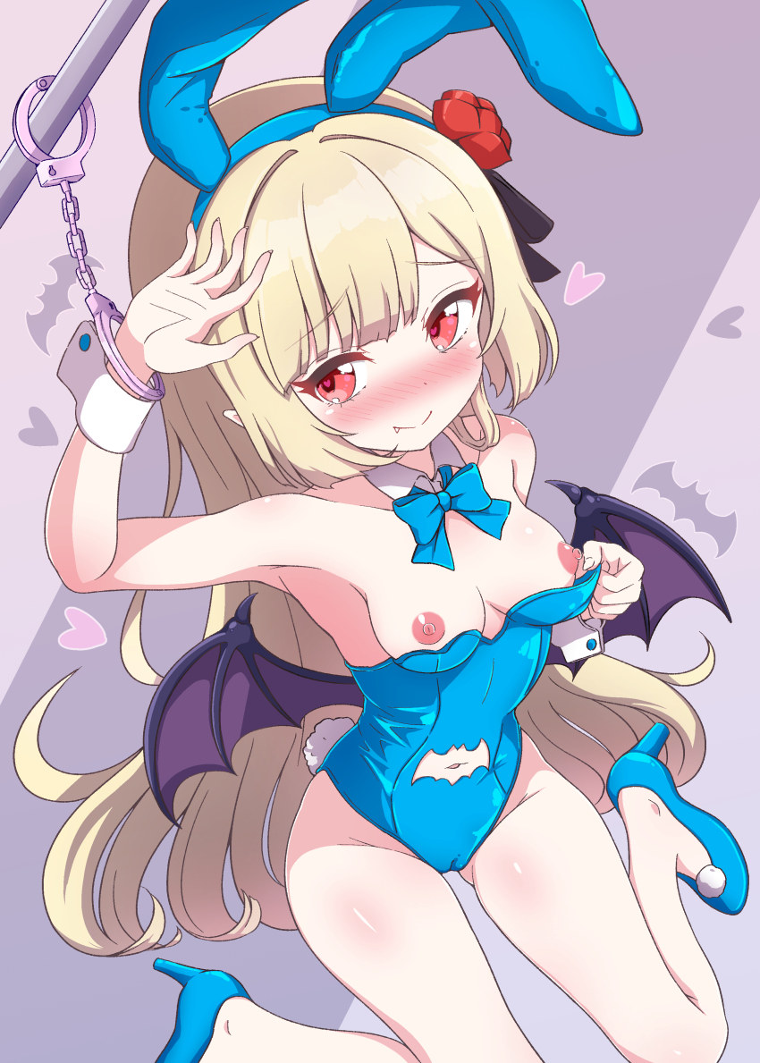 1girl animal_ears armpit_peek bat_wings blonde_hair blue_leotard blush bow bowtie breasts cameltoe cleft_of_venus clothing_cutout cuffs ecute fake_animal_ears fake_tail fang flower hair_flower hair_ornament handcuffs heart heart-shaped_pupils high_heels jashin-chan_dropkick leotard long_hair navel navel_cutout nipples open_mouth playboy_bunny pointy_ears rabbit_ears rabbit_tail red_eyes rose small_breasts smile solo symbol-shaped_pupils tail wings ydayluca